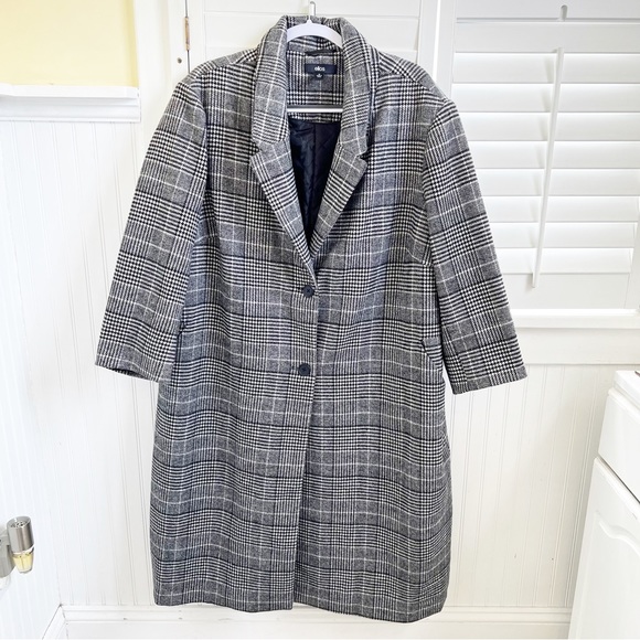 Ellos Black & White Houndstooth Plaid Wool Blend Wool Blend Mid Length Coat - Picture 1 of 6